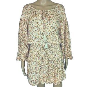 SMOCKED WAIST DITSY FLORAL TASSEL BOHO MINI DRESS SIZE M